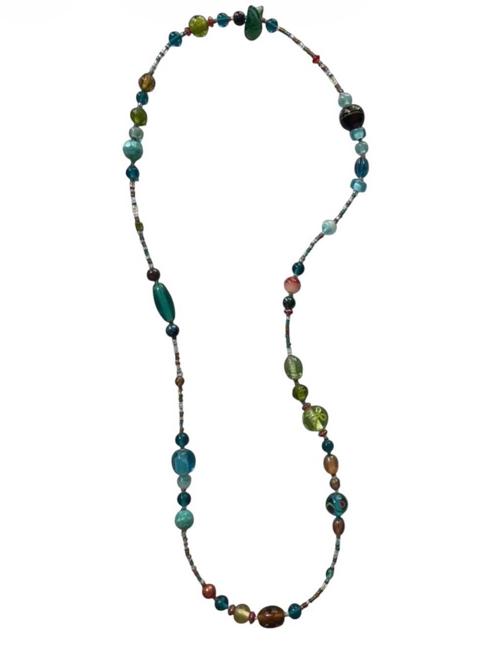 Handcrafted Multicolor Glass Bead Necklace - Green, Teal & Blue